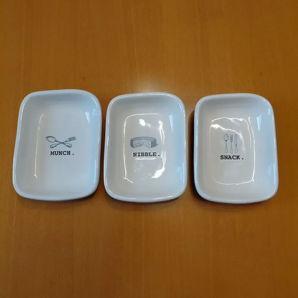 EUC Rae Dunn Set 3 Nibble Snack Munch Appetizer Plates White Ceramic Trays